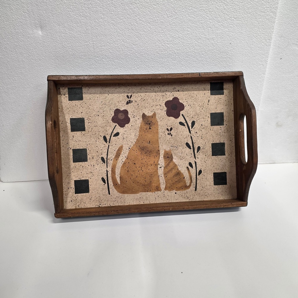 Vintage Primitive Folk Art Wooden Cat Serving Tray Farmhouse Decor Hand Painted
